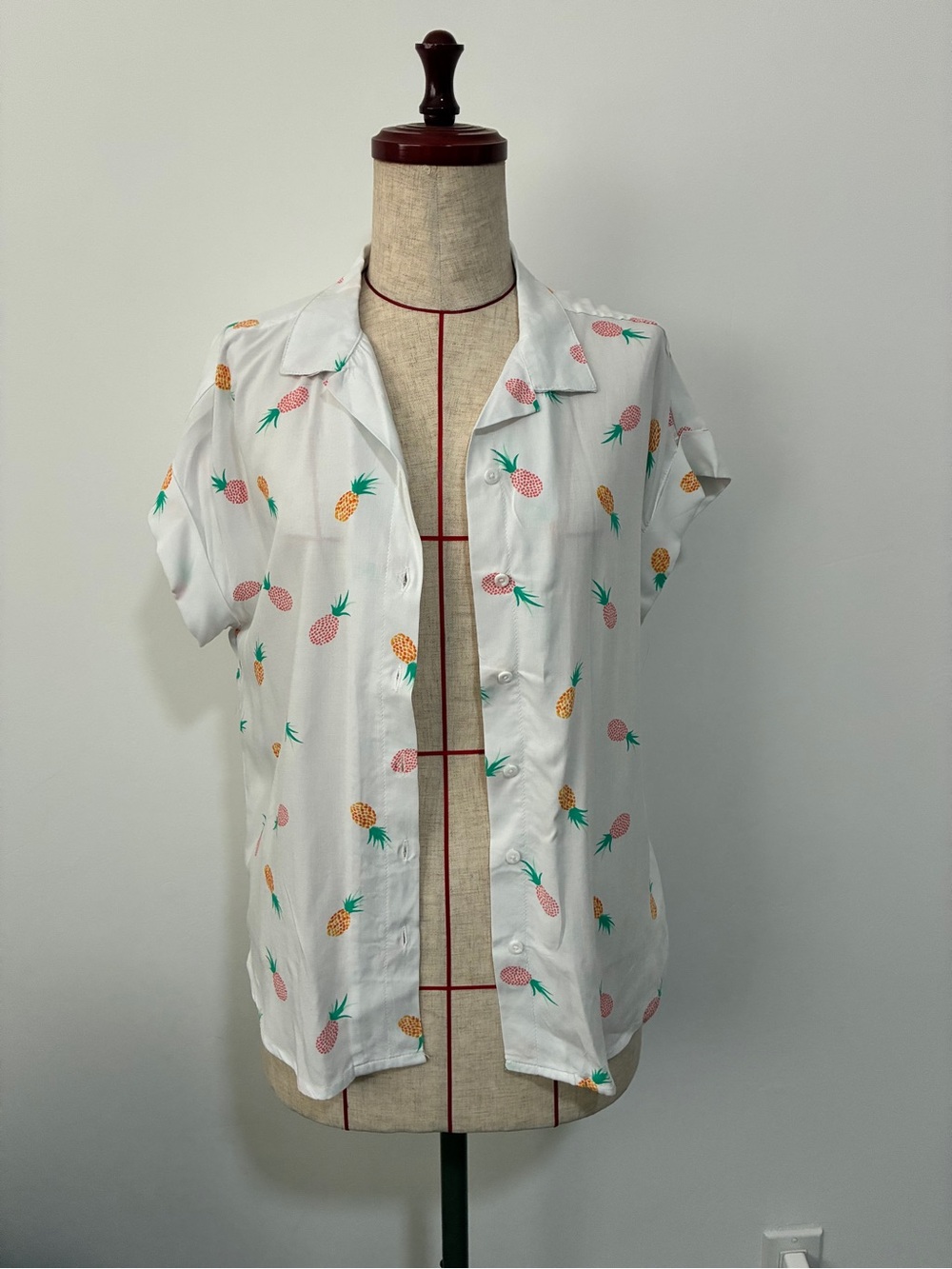 Women’s White Pineapple Print Button-Up Short Sleeve Top